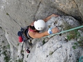 Josipa pulling easier moves before the crux pitch.